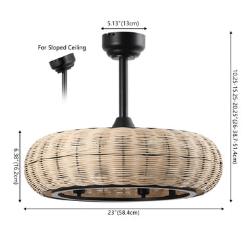 Cassidy 23" 6-Light Modern Bohemian 6-Speed Metal/Rattan Mobile-App/Remote-Controlled Height-Adjustable Lantern LED Ceiling Fan - JONATHAN Y